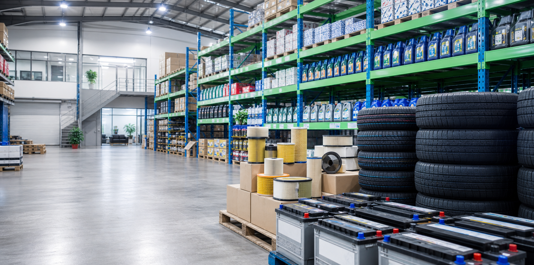Bodega automotriz con llantas, baterias, filtros y lubricantes